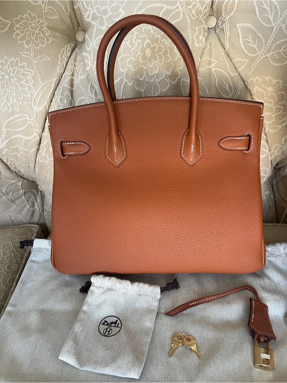 Hermès-Style Cognac Leather Top-Handle Tote Bag - Picture 5 of 9